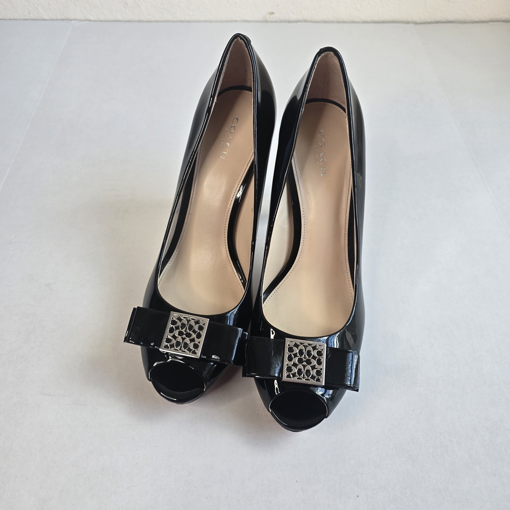 Coach Scarlet Black Patent Leather Peep-Toe Heels